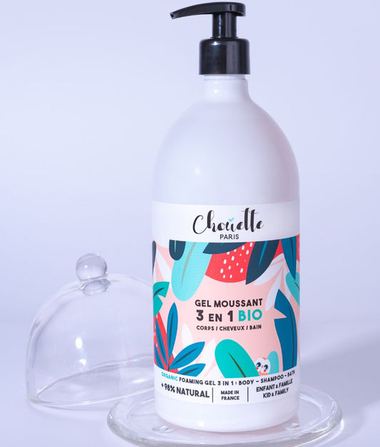 très jolie bouteille de gel moussant 3 en 1 avec une cloche en verre 