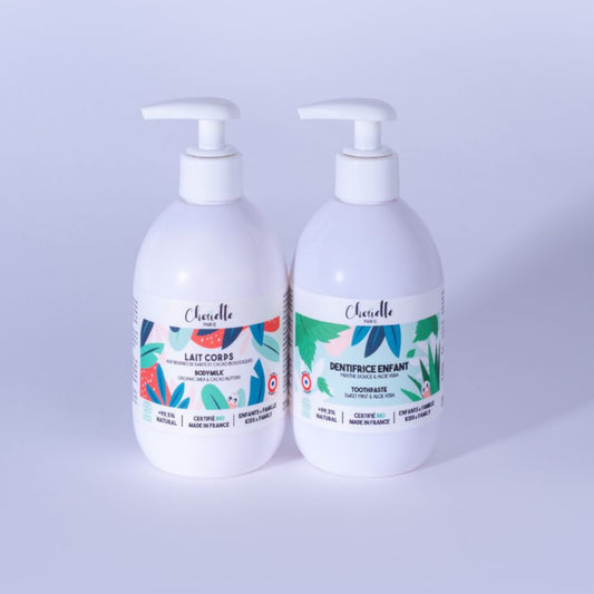 Flacon Lait corps et dentifrice menthe aloe , certifiés bio , fabriqués en France et adaptés aux enfants . Formules douces et eco responsables